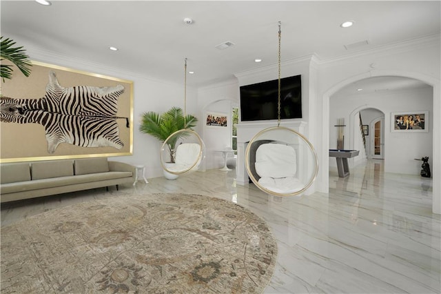 139 Fontainbleau Dr, Mandeville, LA 70471 - corridor featuring arched walkways, marble tiled floors, recessed lighting, and ornamental molding