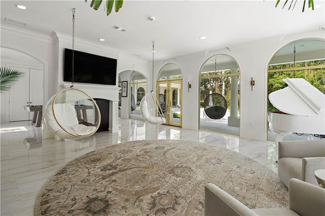 139 Fontainbleau Dr, Mandeville, LA 70471 - living room featuring recessed lighting, marble tiled flooring, crown molding, and a multi sided fireplace