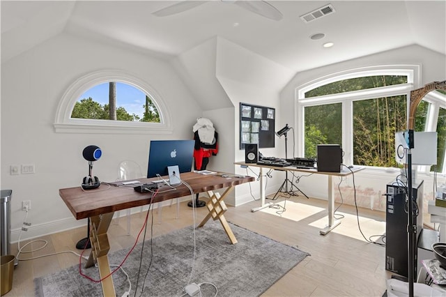 139 Fontainbleau Dr, Mandeville, LA 70471 - office area featuring lofted ceiling, ceiling fan, wood finished floors, and baseboards