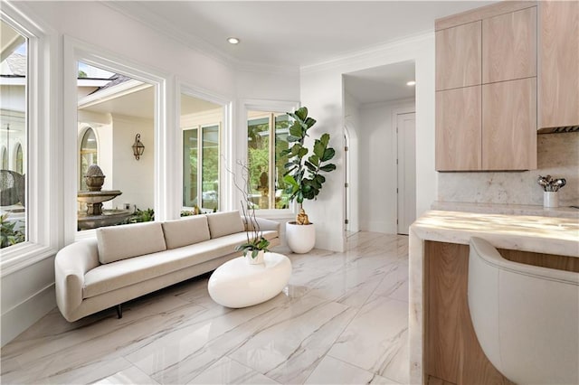 139 Fontainbleau Dr, Mandeville, LA 70471 - living room featuring recessed lighting, ornamental molding, and light marble finish floors