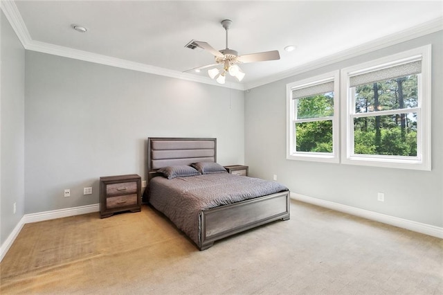 26545 Mildred Dr, Lacombe, LA 70445 - bedroom featuring ornamental molding, baseboards, light carpet, ceiling fan, and recessed lighting
