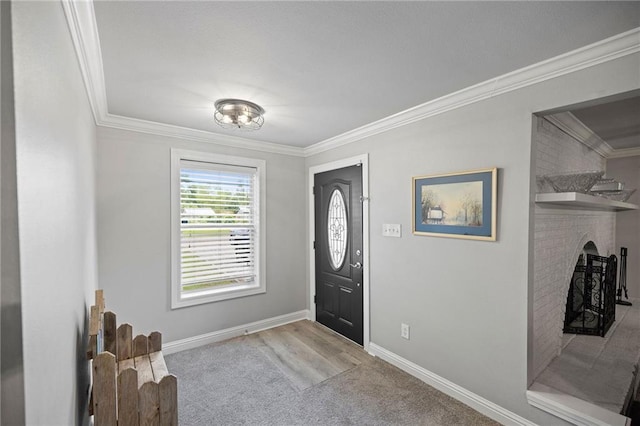 285 8th Street Dr, Ponchatoula, LA 70454 - entrance foyer with ornamental molding, carpet, baseboards, and a brick fireplace