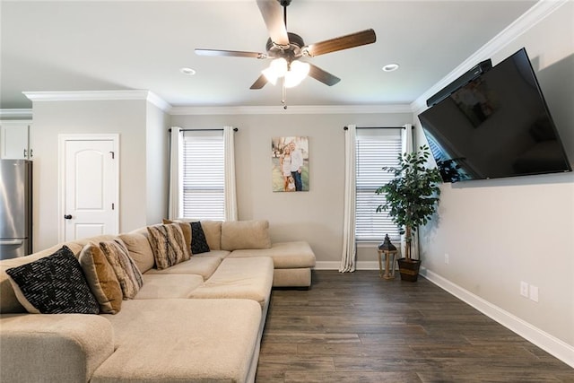 6476 Nesting Dr, Gonzales, LA 70737 - living area featuring ceiling fan, healthy amount of natural light, baseboards, dark wood-style flooring, and ornamental molding