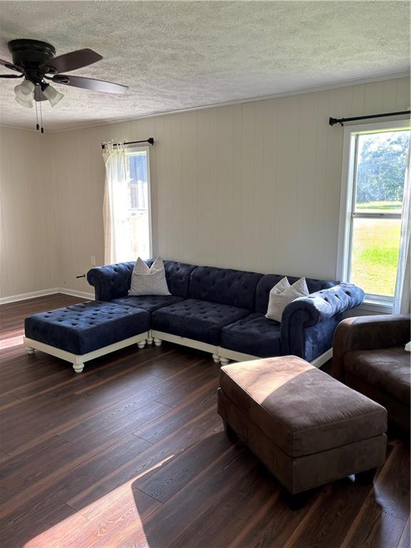 11036 Gulino Rd, Amite, LA 70422 - living room featuring a textured ceiling, a ceiling fan, and dark wood-style floors