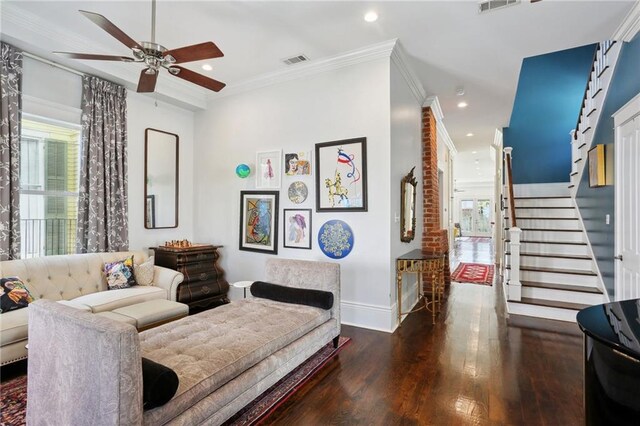 1212 Milan St, New Orleans, LA 70115 - living area featuring ceiling fan, wood finished floors, recessed lighting, stairs, and baseboards