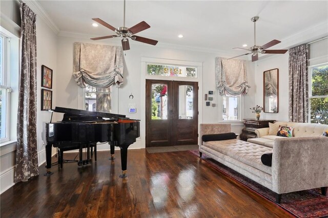 1212 Milan St, New Orleans, LA 70115 - foyer entrance featuring ceiling fan, wood finished floors, french doors, crown molding, and recessed lighting