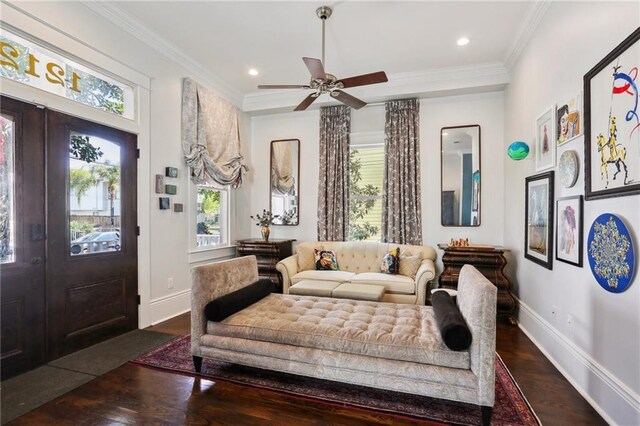 1212 Milan St, New Orleans, LA 70115 - living room with french doors, wood finished floors, baseboards, ceiling fan, and ornamental molding