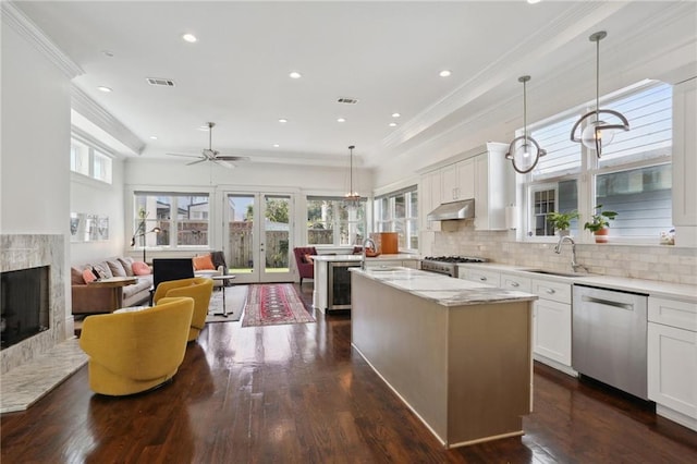 1212 Milan St, New Orleans, LA 70115 - kitchen with dishwasher, a sink, under cabinet range hood, a fireplace, and crown molding