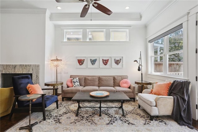 1212 Milan St, New Orleans, LA 70115 - living area with a ceiling fan, ornamental molding, recessed lighting, and a premium fireplace