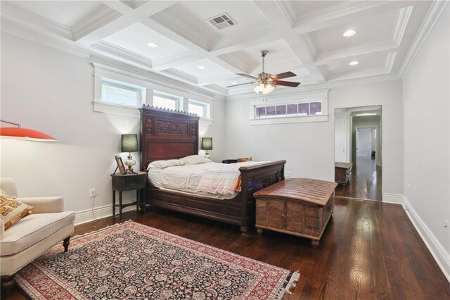 1212 Milan St, New Orleans, LA 70115 - bedroom with multiple windows, wood finished floors, beam ceiling, coffered ceiling, and recessed lighting