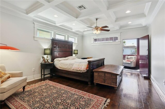 1212 Milan St, New Orleans, LA 70115 - bedroom featuring wood finished floors, coffered ceiling, beam ceiling, recessed lighting, and baseboards