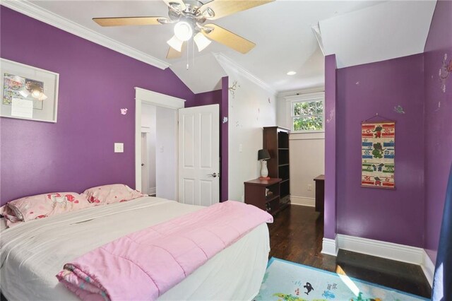 1212 Milan St, New Orleans, LA 70115 - bedroom featuring wood finished floors, ornamental molding, baseboards, vaulted ceiling, and ceiling fan
