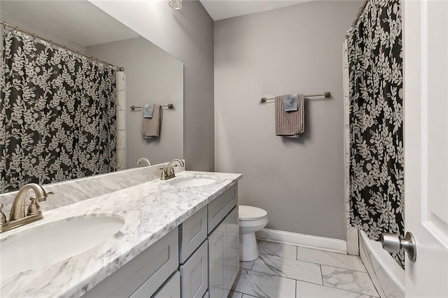 263638 Flood St, New Orleans, LA 70117 - bathroom featuring marble finish floors, double vanity, and shower / bathtub combination with curtain