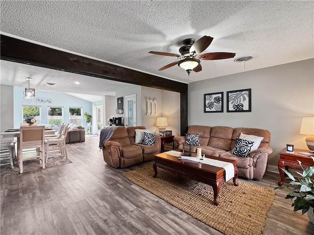 121 Matthews Dr, Slidell, LA 70458 - living room with a textured ceiling, ceiling fan, and wood finished floors