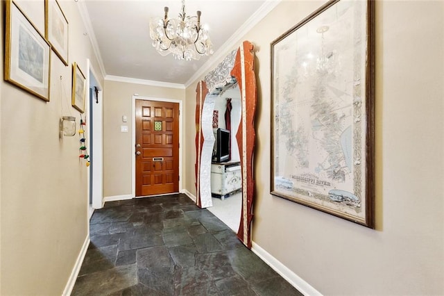 5238 Macarthur Blvd, New Orleans, LA 70131 - entryway featuring baseboards, dark stone finish flooring, a chandelier, and crown molding