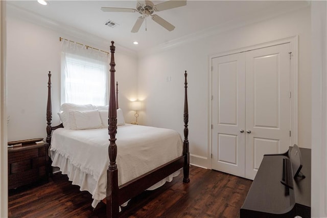 1302 W 23rd Ave, Covington, LA 70433 - bedroom with dark wood-type flooring, ornamental molding, a closet, recessed lighting, and ceiling fan