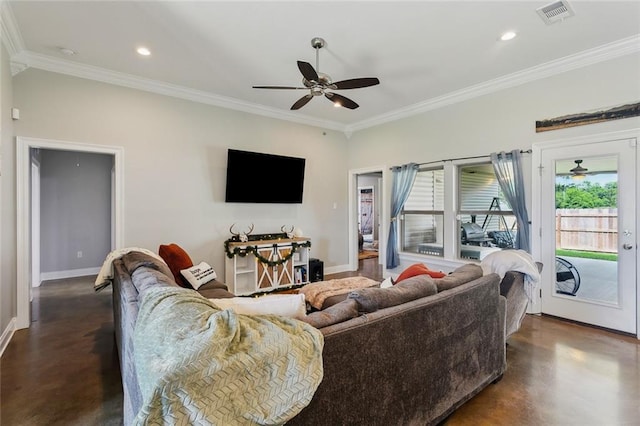 19499 Deerfield Loop, Loranger, LA 70446 - living area with concrete flooring, ceiling fan, baseboards, crown molding, and recessed lighting
