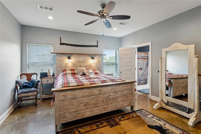 19499 Deerfield Loop, Loranger, LA 70446 - bedroom with baseboards, finished concrete flooring, ceiling fan, and recessed lighting
