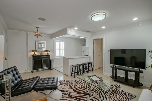1323 Dauphine St Unit 3, New Orleans, LA 70116 - living area with crown molding, baseboards, recessed lighting, and a chandelier
