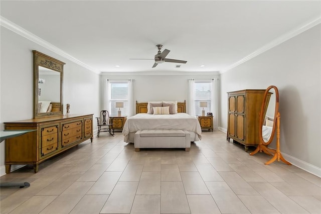 4009 Purdue Dr, Metairie, LA 70003 - bedroom featuring multiple windows, ornamental molding, baseboards, and ceiling fan