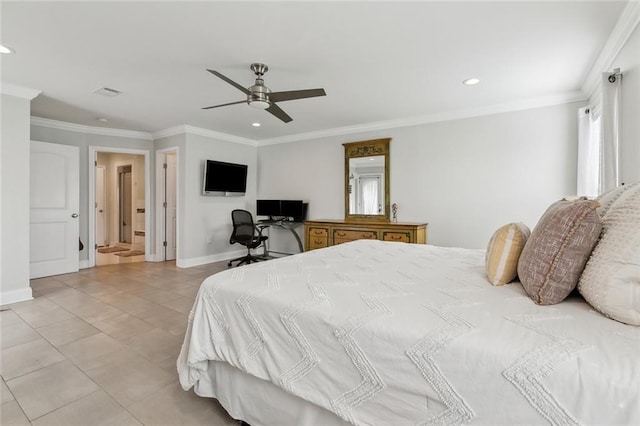 4009 Purdue Dr, Metairie, LA 70003 - bedroom featuring baseboards, recessed lighting, ornamental molding, ceiling fan, and light tile patterned floors