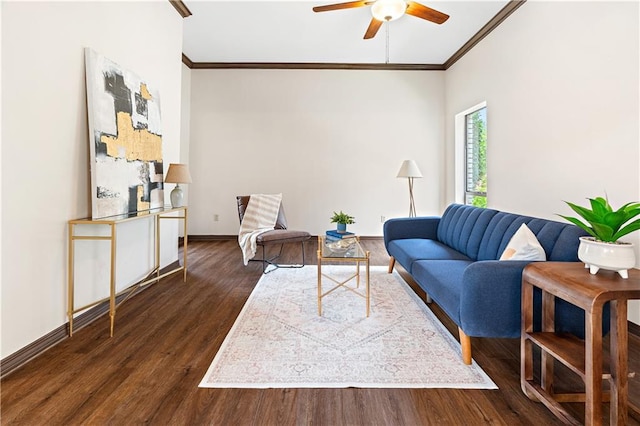 73 Doescher Dr, Harahan, LA 70123 - living room featuring ornamental molding, ceiling fan, dark wood-style flooring, and baseboards