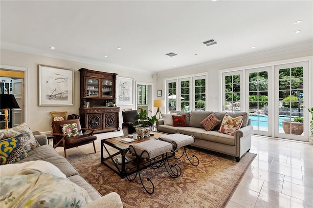 105 Mulberry Dr, Metairie, LA 70005 - living room with ornamental molding, light tile patterned floors, and recessed lighting