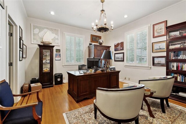 105 Mulberry Dr, Metairie, LA 70005 - office with a chandelier, light wood-type flooring, healthy amount of natural light, crown molding, and baseboards