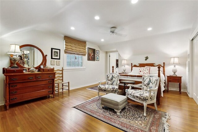 105 Mulberry Dr, Metairie, LA 70005 - bedroom featuring lofted ceiling, wood finished floors, baseboards, recessed lighting, and a ceiling fan
