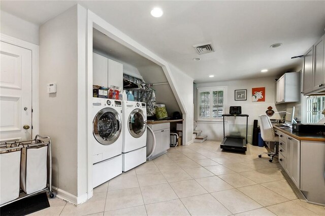 105 Mulberry Dr, Metairie, LA 70005 - washroom with washer and dryer, light tile patterned floors, a desk, recessed lighting, and baseboards