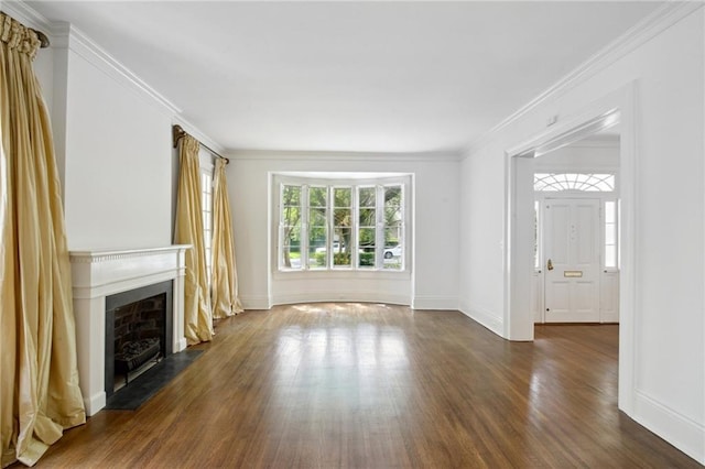 1923 State St, New Orleans, LA 70118 - unfurnished living room featuring dark wood-style flooring, a fireplace, baseboards, and crown molding