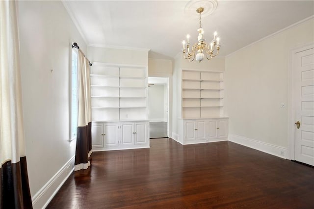 1923 State St, New Orleans, LA 70118 - unfurnished dining area with built in features, baseboards, a chandelier, dark wood-type flooring, and ornamental molding