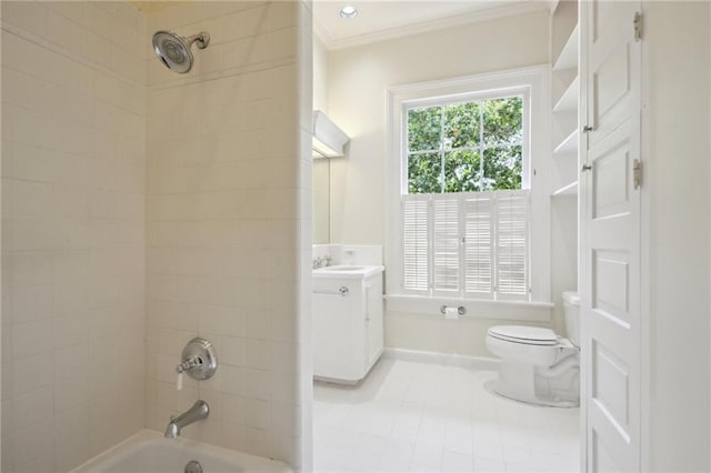 1923 State St, New Orleans, LA 70118 - bathroom featuring vanity, toilet, bathing tub / shower combination, tile patterned flooring, and crown molding