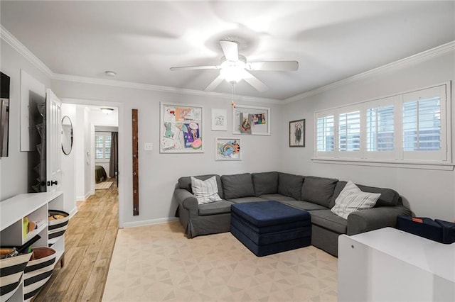 5844 Fleur De Lis Dr, New Orleans, LA 70124 - living room with crown molding, a ceiling fan, light wood-style floors, and baseboards