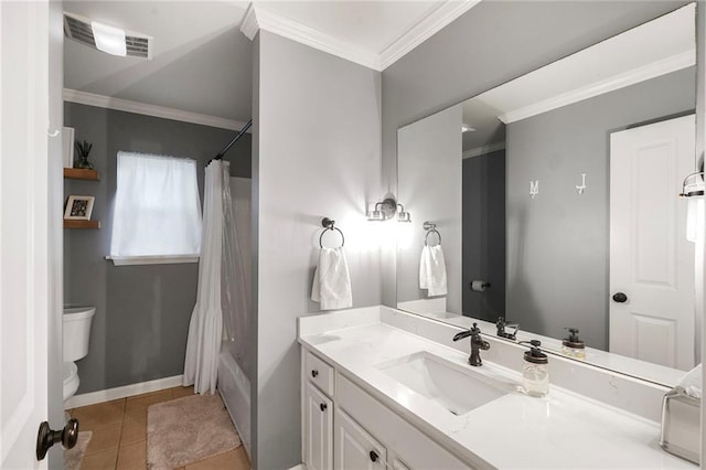 5844 Fleur De Lis Dr, New Orleans, LA 70124 - bathroom with vanity, toilet, crown molding, shower / bathtub combination with curtain, and tile patterned floors