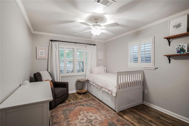 5844 Fleur De Lis Dr, New Orleans, LA 70124 - bedroom featuring dark wood finished floors, baseboards, crown molding, and a ceiling fan
