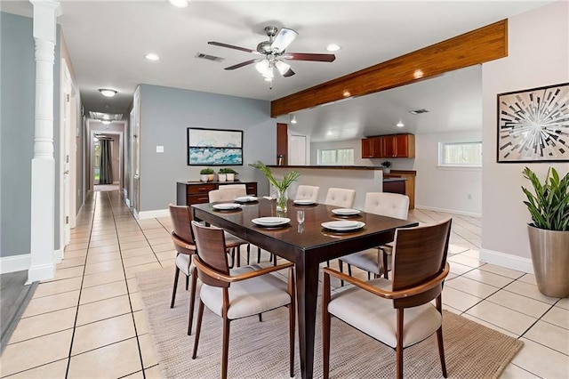 2305 Generes Dr, Harahan, LA 70123 - dining room with recessed lighting, light tile patterned flooring, beam ceiling, and ceiling fan