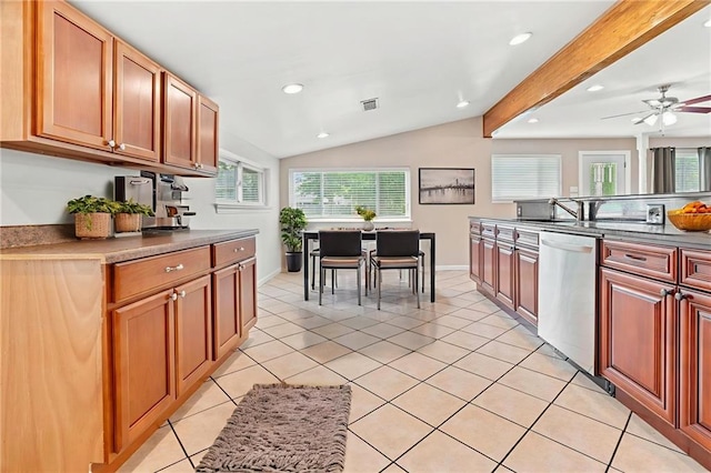 2305 Generes Dr, Harahan, LA 70123 - kitchen featuring dishwasher, recessed lighting, a ceiling fan, dark countertops, and light tile patterned flooring