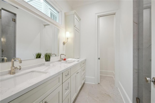 1015 Cadiz St, New Orleans, LA 70115 - full bathroom with double vanity, marble look tiles, a tile shower, and baseboards