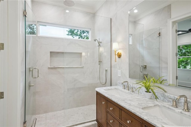1015 Cadiz St, New Orleans, LA 70115 - full bath featuring a shower stall, double vanity, and ornamental molding
