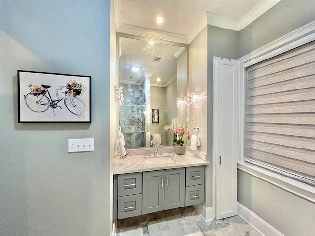 714 Third St, New Orleans, LA 70130 - full bathroom featuring ornamental molding, vanity, baseboards, and a shower