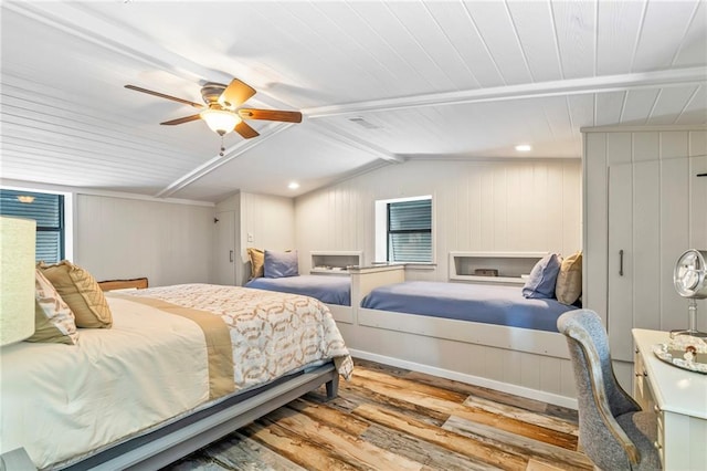 18064 Faller Rd, Tickfaw, LA 70466 - bedroom featuring wood finished floors, wooden ceiling, a ceiling fan, and vaulted ceiling