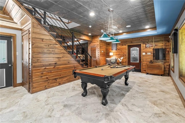 18064 Faller Rd, Tickfaw, LA 70466 - recreation room with wooden walls, billiards table, baseboards, and recessed lighting