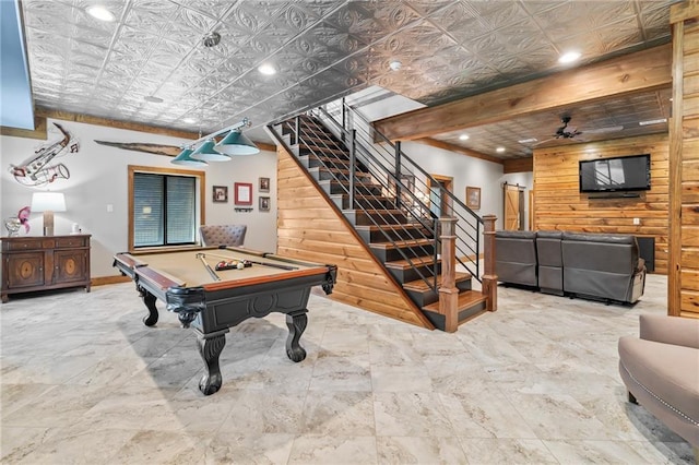 18064 Faller Rd, Tickfaw, LA 70466 - rec room with a ceiling fan, an ornate ceiling, pool table, wood walls, and baseboards
