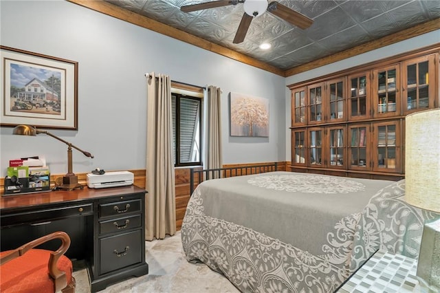 18064 Faller Rd, Tickfaw, LA 70466 - bedroom featuring an ornate ceiling, wainscoting, a ceiling fan, and a desk