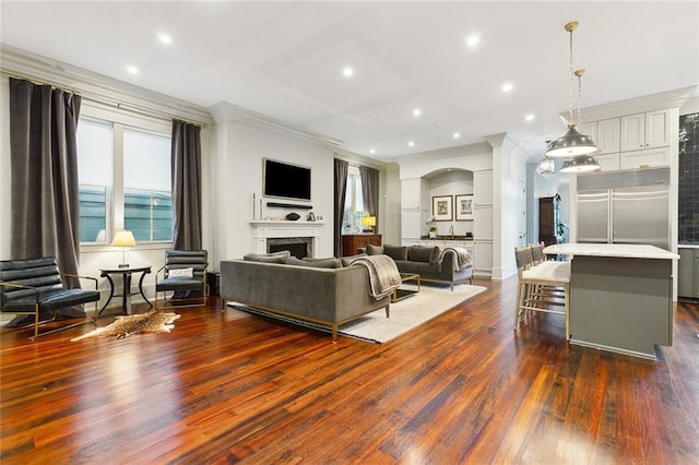 1026 Valence St, New Orleans, LA 70115 - living room featuring crown molding, dark wood-type flooring, recessed lighting, a fireplace, and baseboards