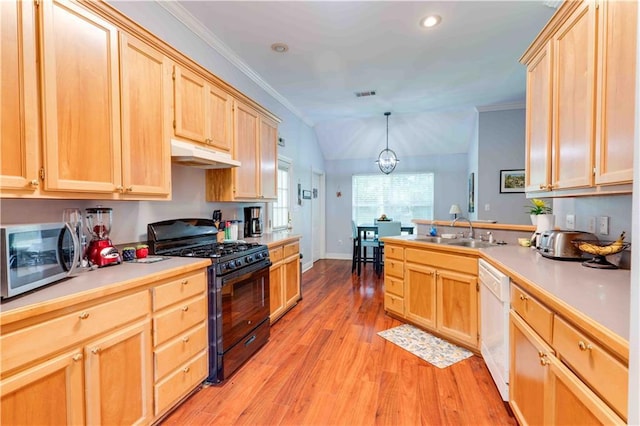 52 Hickory Dr, Covington, LA 70433 - kitchen featuring black range with gas stovetop, stainless steel microwave, a sink, dishwasher, and under cabinet range hood