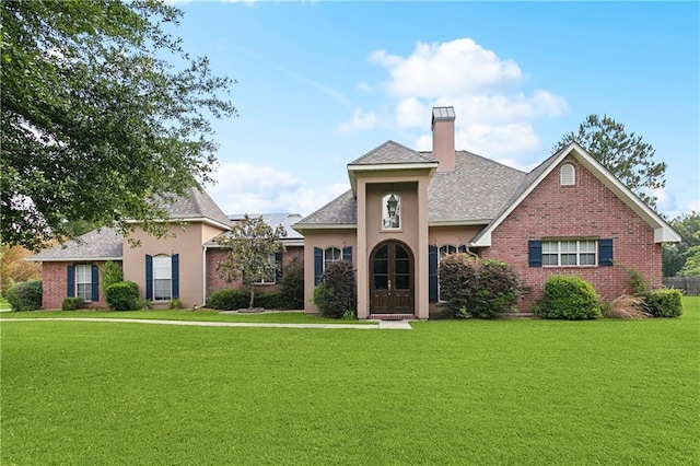 810 Still Ct, Madisonville, LA 70447 - view of front of property with a front yard, a chimney, roof with shingles, brick siding, and stucco siding