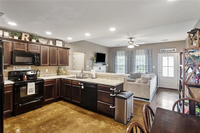 258 S Park Cir, Ponchatoula, LA 70454 - kitchen with black appliances, a sink, dark brown cabinetry, a ceiling fan, and a peninsula