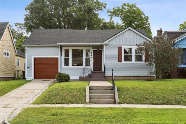 4435 Baccich St, New Orleans, LA 70122 - ranch-style home featuring driveway, a garage, a front lawn, roof with shingles, and entry steps